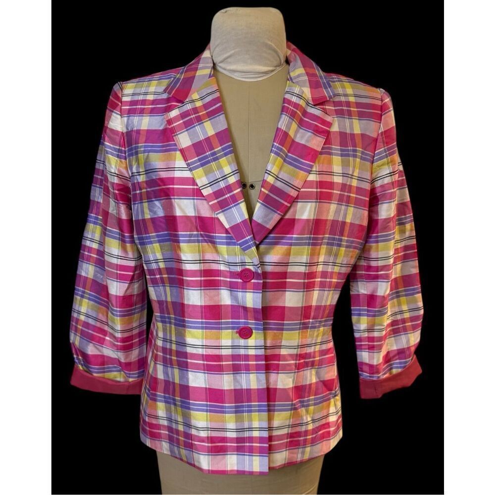 Kasper Silk 2-Button Blazer Sz. 12 Pockets Bright Plaid Lined - Picture 2 of 9